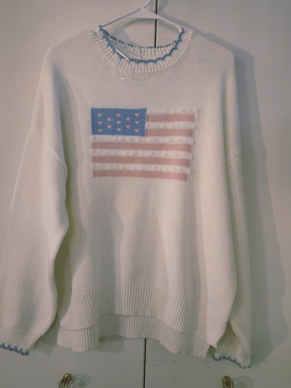 Soho & Stella White Knit Sweater with Light Blue Trim